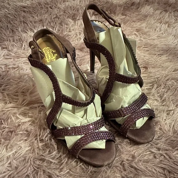 Roberto Cavalli Women Purple Suede Crystal Embellished Strappy Sandal Heel 37 7 - Picture 2 of 16